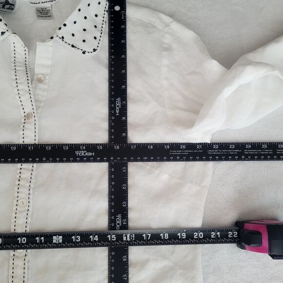 Richard Malcolm White Black Polka Dots Irish Linen‎ Button Up Top XL Vaudeville - Picture 5 of 6